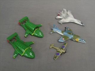 A Dinky Toy model of a Harrier GRM Aircraft, model of  a Russian aircraft, 2 Matchbox 1992 models of Thunderbird 2 and a model Spitfire