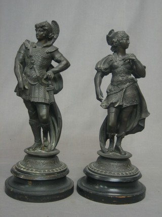 A pair of 19th Century spelter figures in the form of a warrior and a lady, raised on socle bases 12"  (f)