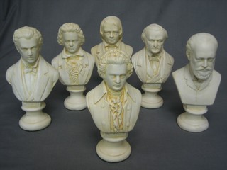 6 various plaster head and shoulders portrait busts of composers 8"