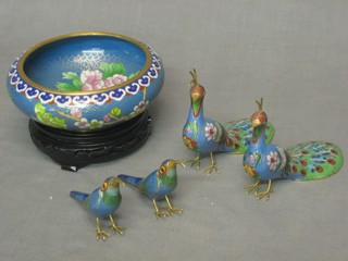 A circular blue ground cloisonne bowl with floral decoration 6", a pair of cloisonne figures of fox 4" and a pair of ditto birds 4"