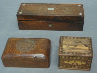 An Indian hardwood box with hinged lid decorated the badge of the Rajpuina Rifles 6", a Victorian rosewood and inlaid mother of pearl box with hinged lid 10" together with a Japanese inlaid cigarette box 4"