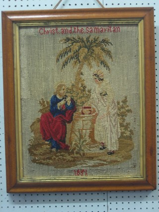 A Berlin wool work panel - Christ and the Samaritan dated 1851 and contained in a maple frame 22" x 18"