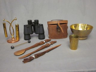 A pair of Air Ministry issue x 6 binoculars with leather carrying case, a pair of Tasco 16x50 binoculars, an Eastern brass bowl, a brass gong etc
