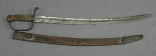 An 18th/19th Century sword with 24" curved blade and brass knuckle guard marked HC 195, complete with scabbard