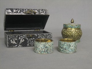 A cylindrical Eastern metal jar and cover 3", a small pair of vase/salts 1" and a rectangular box