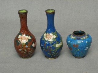 A blue ground cloisonne club shaped vase 5", 1 other 6" and a vase 3"