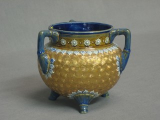 A circular Royal Doulton 3 handled salt glazed bowl, raised on 3 feet, 5"