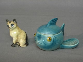 A Goebel mustard pot in the form of a fish 4" and do, figure in the form of a Siamese cat, base impressed CK98 3" 