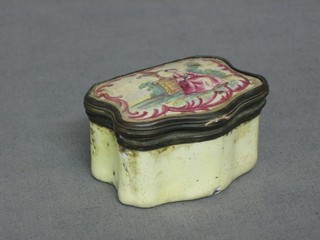 An 18th Century enamelled Patch box, the lid decorated a seated lady 2"
