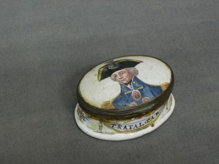 An 18th Century oval porcelain Patch box, the lid decorated a portrait of Nelson, marked Trafalgar 1 October 1805 (chips to base) 2" oval