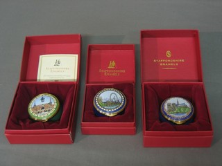 3 Staffordshire enamel jars and covers for Allied Dunbar no.49 Madrid 1989, no.50 Paris 1999 and Kestrel Club Dinner 2000