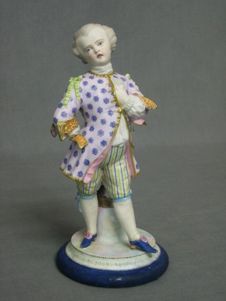 A Continental biscuit porcelain figure of a standing gentleman, the base marked Exposition de Londres no.135  8 1/2" (foot f and r)