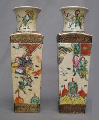 A pair of late Satsuma square club shaped vases decorated figures, the base with seal marks 12"