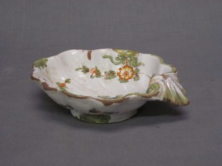 An 18th/19th Century Quimper scallop shaped dish, base with cockerel mark 8" (chip to base and chips to rim)