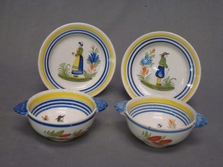 A pair of Quimper twin handled dishes, the bases marked Henrist 5 1/2" and 2 matching plates 7"