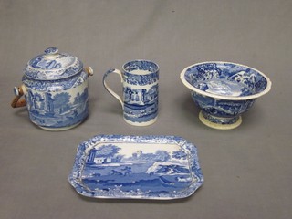 A blue and white Spode biscuit barrel and cover 6", do. bowl 7", mug 5" and a dish strainer 6 1/2"