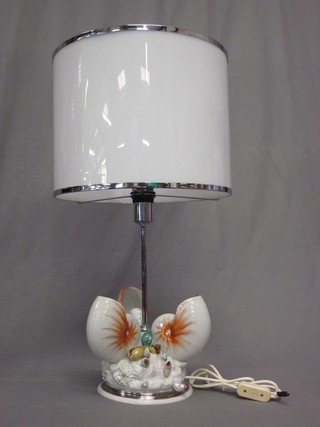 An Italian Mangoni porcelain table lamp base decorated 3 shells to bells 9"