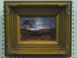 A modern coloured print "18th Century Landscape with Sheep and Figures" 4" x 6 1/2" contained in a decorative gilt frame