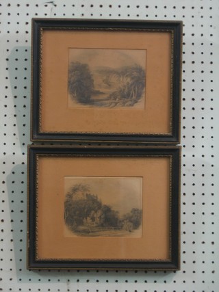 A pair of 18th/19th Century pencil drawings "River with Waterfall and Figures on Bank and "Ruin with Figures" 5" x 6" contained in Hogarth frames