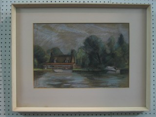 An impressionist watercolour drawing "Study of a River with Motor Boats and House" 11" x 17", indistinctly signed