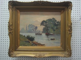 Oil painting on canvas "River with Boats" monogrammed PD? and dated 1935, 11 1/2" x 13 1/2"