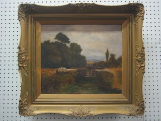 Oil on canvas "Rural Scene with River and Cart Horse" 11" x 13" monogrammed PD? 1925