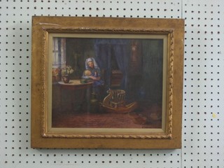 Watercolour drawing "Dutch Interior Scene" indistinctly signed to bottom right hand corner, the reverse with Royal Institute of Painters and Watercolour label 9 1/2" x 11 1/2"