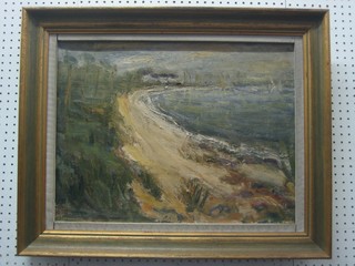 Impressionist oil on canvas "Beach Scene" 16" x 21" indistinctly signed 