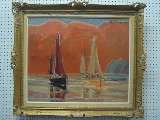 E Berget, impressionist oil on board "Fishing Boats with Mountain in Distance" 18" x 21"