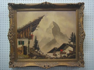 W Harrisch, oil on canvas "Alpine Scene with Chalet and Mountain" 19" x 24"
