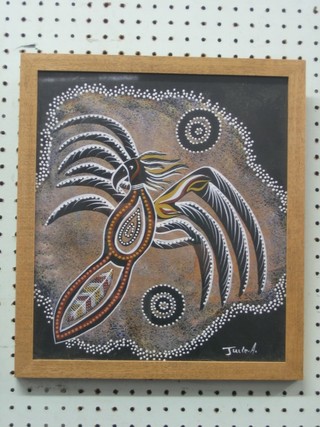 Julie A, Australian School oil on panel "Mythical Bird" 12" x 11"