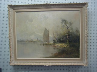 Anselm Prester, impressionist oil on canvas "Lake Scene with Fishing Boat" 23" x 31"