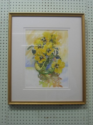 Beverley Fry, watercolour drawing "Yellow Pansies" 15" x 10"