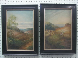 L Roberts, a pair of oils on board "Sewing Seeds and The Harvest" 18" x 11 1/2"