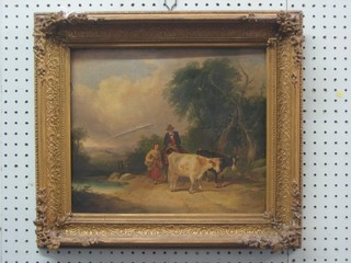 An 18th/19th Century oil on board "Landscape with Figure Driving Cattle" 12" x 13 1/2"