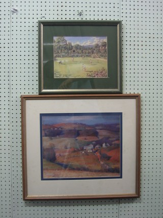 A coloured print "The Tennis Match" 8" x 10", 1 other "Rural Scene" 11" x 14"