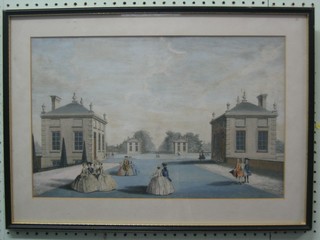 An 18th/19th Century coloured print "Formal Garden with Figures" 12" x 18"