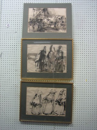 A pair of Eastern prints of figures and 1 other of a figure with cart 9 1/2" x 13"