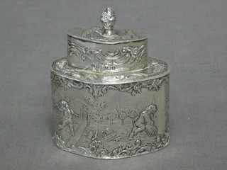 A Victorian oval embossed silver caddy decorated cherubs, Sheffield 1899, 3 ozs