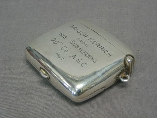 An Edwardian silver vesta case with hinged lid and hinged compartment to the side, Birmingham 1901, marked Patent 8443, 1 ozs