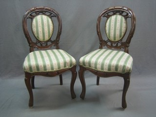 A pair of Victorian mahogany tulip back dining chairs with upholstered seats and backs, raised on cabriole supports