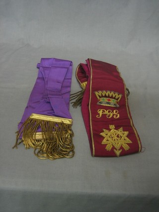 A Red Cross of Constantine Night Companions sash and an Order of the Secret Monitor Grand Officer's sash