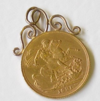 A Victorian 1891 sovereign mounted as a pendant