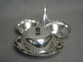 A circular silver plated muffin dish and cover and a 3 division dish