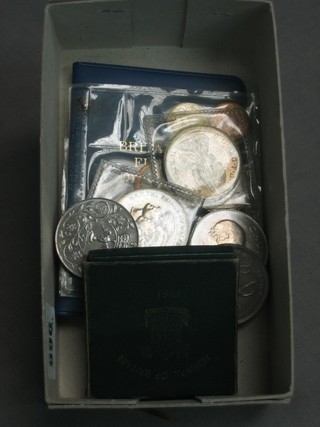 A George V bronze School Attendance medal, 1951 Festival of Britain crown and a small collection of other crowns and coins