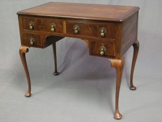 A Queen Anne style walnut low boy/dressing table with crossbanded top, fitted 2 long drawers above 2 short drawers, raised on cabriole supports 33"