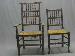 A harlequin set of  6 19th/20th Century elm ladder back dining chairs with bobbin turned decoration and woven rush seats