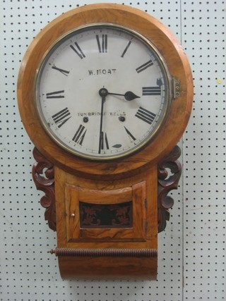 A drop dial wall clock with 11" painted dial and Roman numerals, contained in a walnut case
