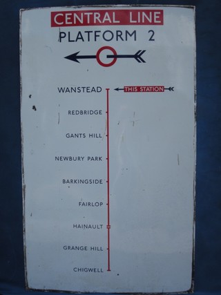 An enamelled London Underground sign for Central Line Platform 2 Wanstead to Chigwell 58" x 35"