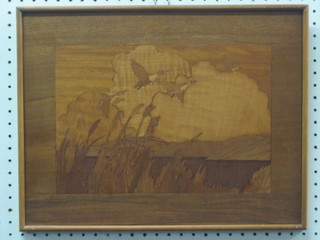 An Art Deco marquetry panel decorated birds 14" x 17"